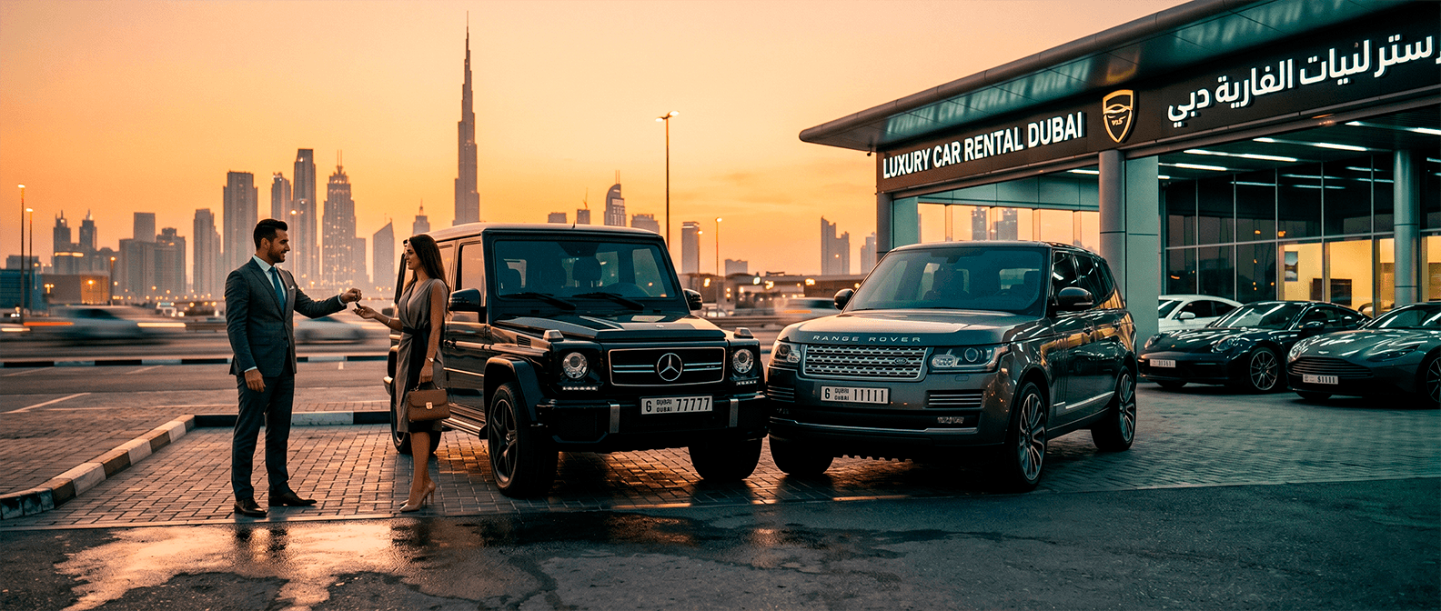 Luxury car rental in Dubai against the backdrop of city architecture